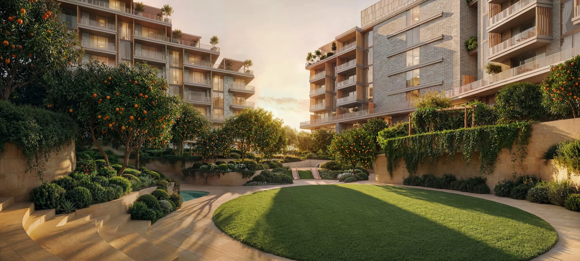 Sunken courtyard at golden hour