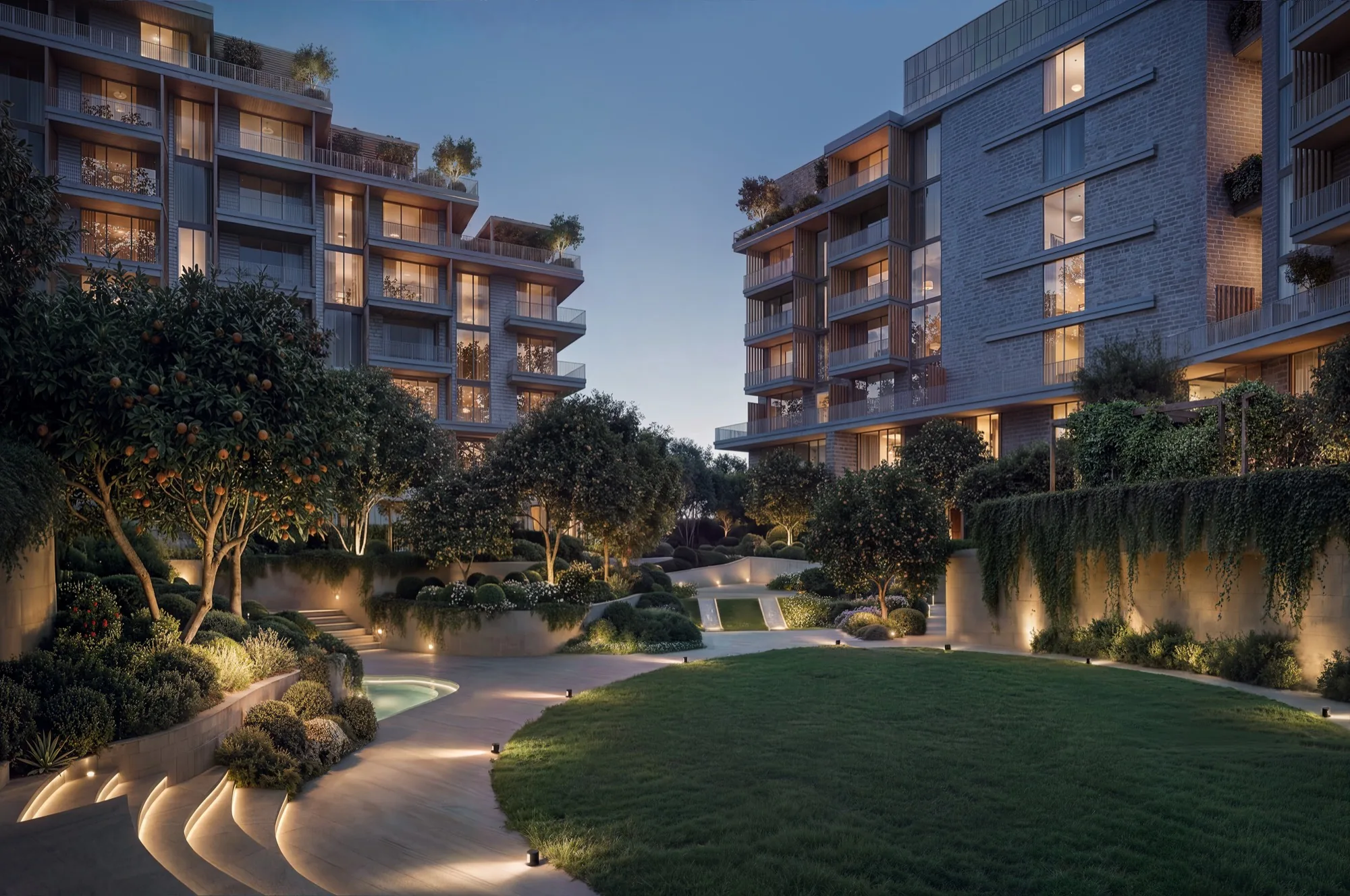 Sunken courtyard at night