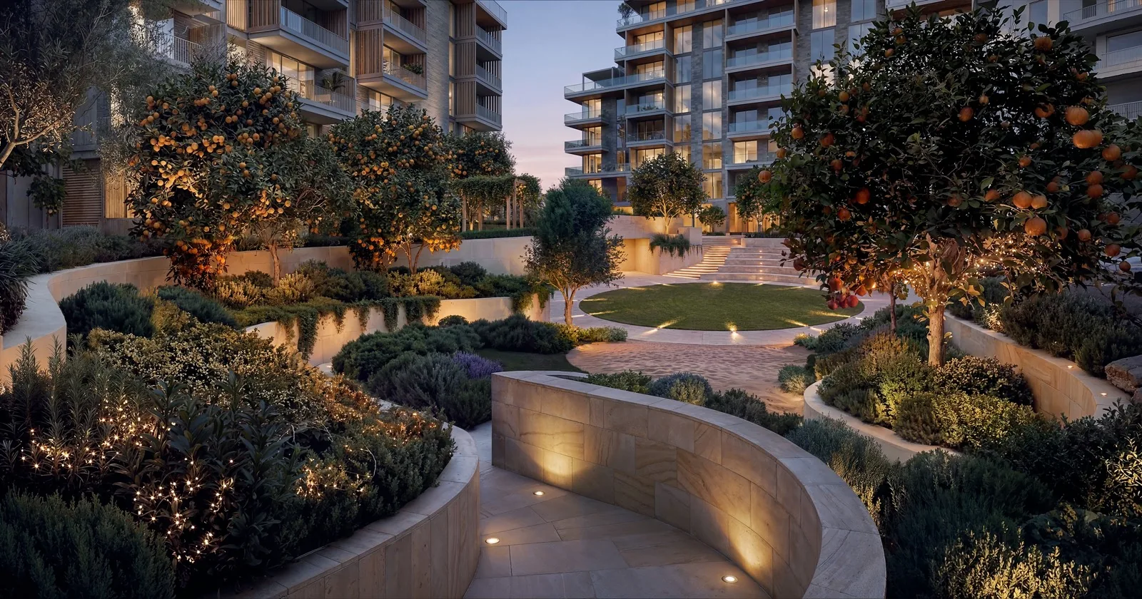 Green courtyard walkways